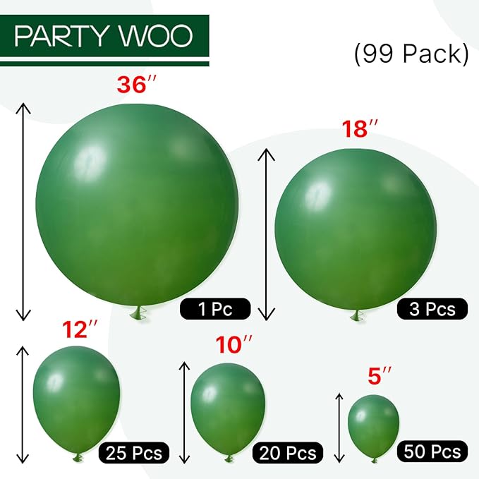 PartyWoo Dark Green Balloons 99pcs Different Sizes of 36 18 12 10 5 Inch Emerald Hunter Forest Green Balloon Arch Kit for Birthday Christmas Graduation Dinosaur Jungle Party Decorations Green-Y56