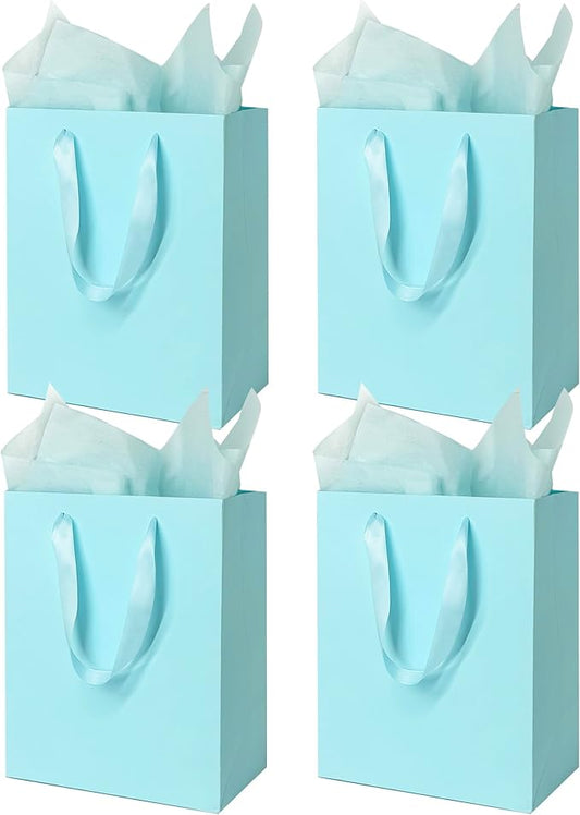 MOXARYSU 4 Pcs Medium Light Blue Gift Bags: 8x5x10 Inches Gift bags With Handles Party Favor Bags With 8 Tissue Paper For Party,Birthday,Baby Shower,Wedding（Light Blue）