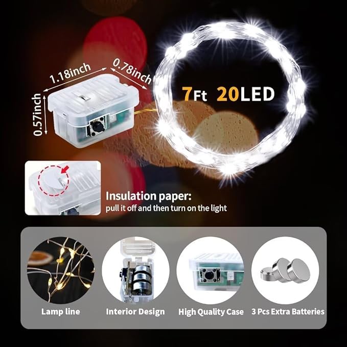 pozzolanas 50 Pack White Fairy Lights Battery Operated 3 Modes 7FT 20 LED Waterproof String Lights Twinkle Silver Wire for Mason Jars Wedding Christmas Halloween Party Decor (50, White)
