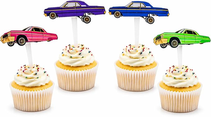 24 PCS Lowrider Cupcake Toppers - Lowrider Party Decorations - Cholo Theme Party - Lowrider Car Birthday Decorations - Pink, Blue, Green, Purple