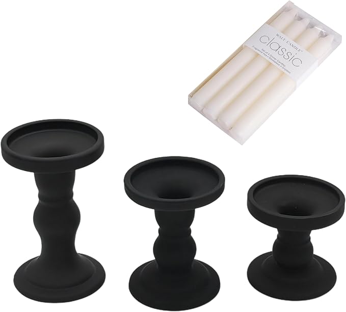 Black Glass Candle Holders Set of 3 Clear Candlestick Holder Vintage Candle Stands for Pillar Taper Candle Tea Light Home Decor Table Centerpieces Halloween, Candleholder Sets with 4 Pcs Taper Candles