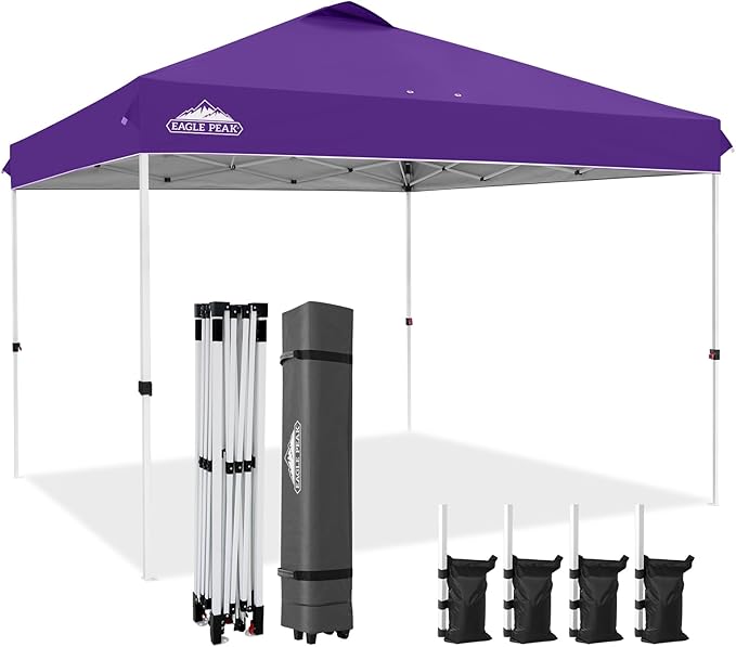 EAGLE PEAK Pop Up Canopy Tent with Wheeled Carry Bag, 8 Stakes, 4 Ropes, 4 Weight Bags, Easy Set Up Tent Canopy, 12x12 ft, 144sqft of Shade, Purple