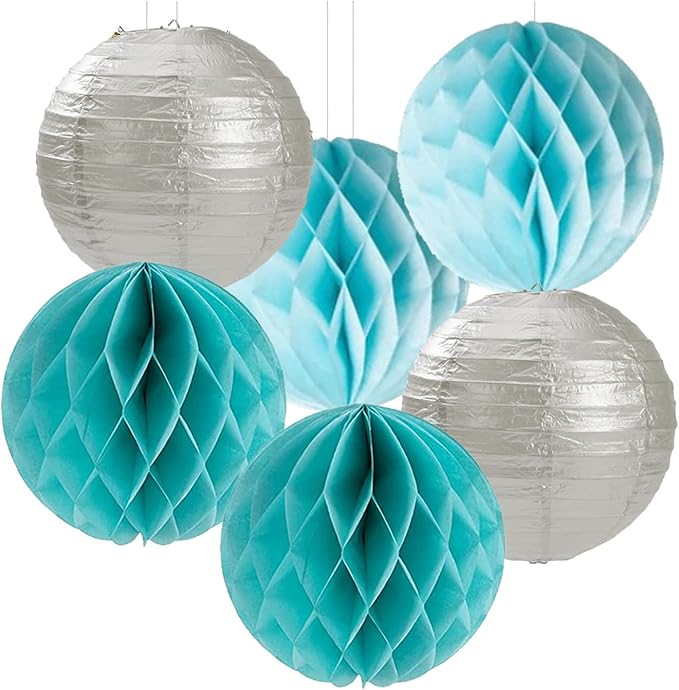 Purple-Blue Silver Frozen Christmas Party Decorations - 14pcs Winter Girl Birthday New Year Paper Lanterns Fan,Tissue Pom Poms Streamers,Honeycomb Balls,Mermaid Baby Shower Decor Lasting Surprise