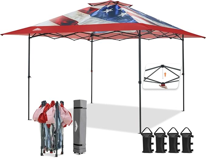 EAGLE PEAK 13x13 Straight Leg Pop Up Canopy Tent Instant Outdoor Canopy Easy Single Person Set up Folding Shelter w/Auto Extending Eaves 169 Square Feet of Shade (Stars and Stripes)