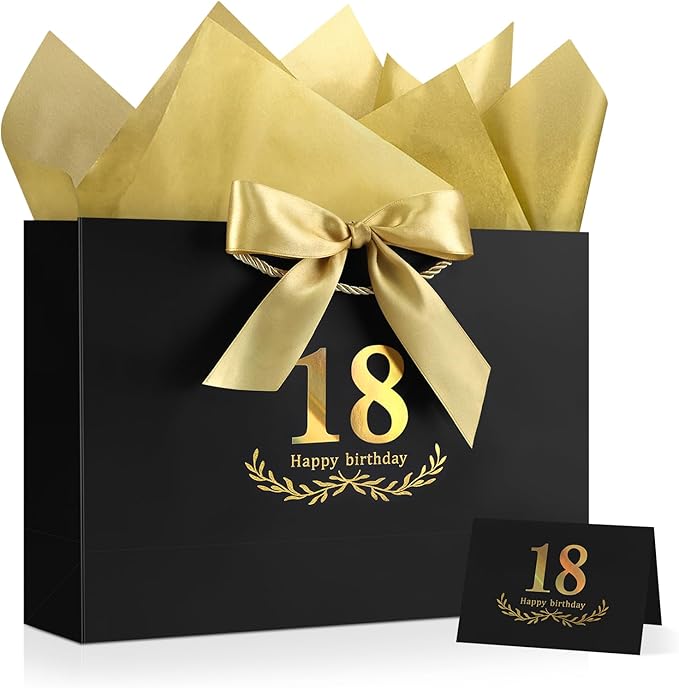 JMANNI Black Gold 18th Birthday Gift Bag with Card and Tissue Paper, 14.2"×9.84"×4.3" Large Present Bag for Adults, 18 Year Old Birthday Keepsake Party Supplies