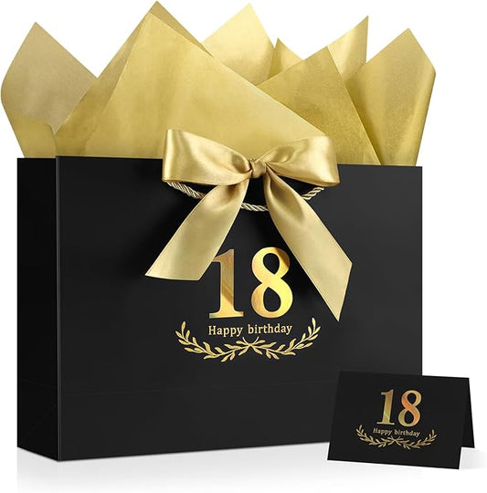 JMANNI Black Gold 18th Birthday Gift Bag with Card and Tissue Paper, 14.2"×9.84"×4.3" Large Present Bag for Adults, 18 Year Old Birthday Keepsake Party Supplies
