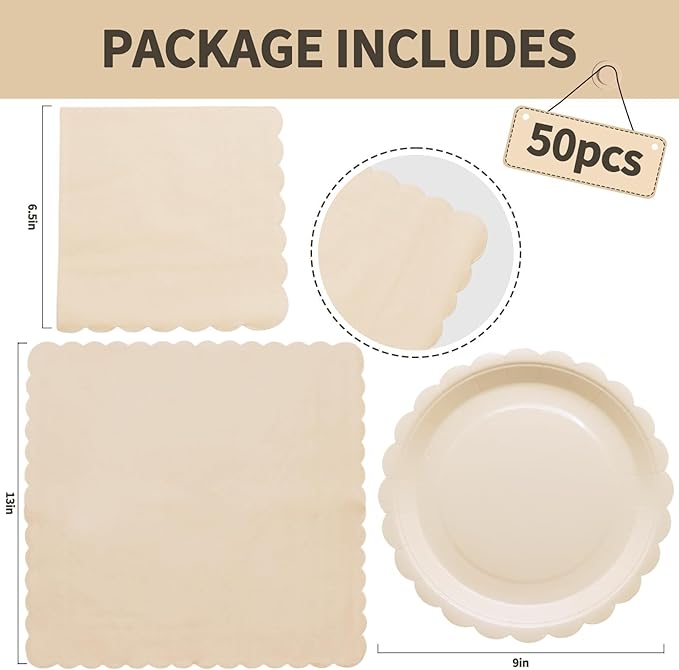 100Pcs Ivory Paper Plates Tableware Set Include Scalloped Cream Plates Napkin Serves 50,Beige Party Platter for Baby Shower Wedding Birthday