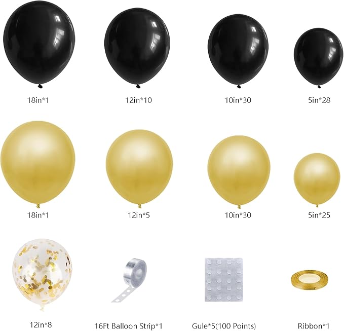 DBKL Black and Gold Balloons Garland Arch Kit with Black Gold Confetti Balloons for Happy New Year Decorations 2025 Birthday Graduation Party Supplies