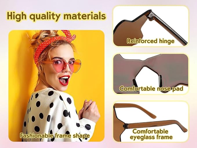 24pc Heart Shaped Sunglasses Set, Rimless Star Shape Sunglasses, Transparent Colorful Frameless Glasses for Party Cosplay