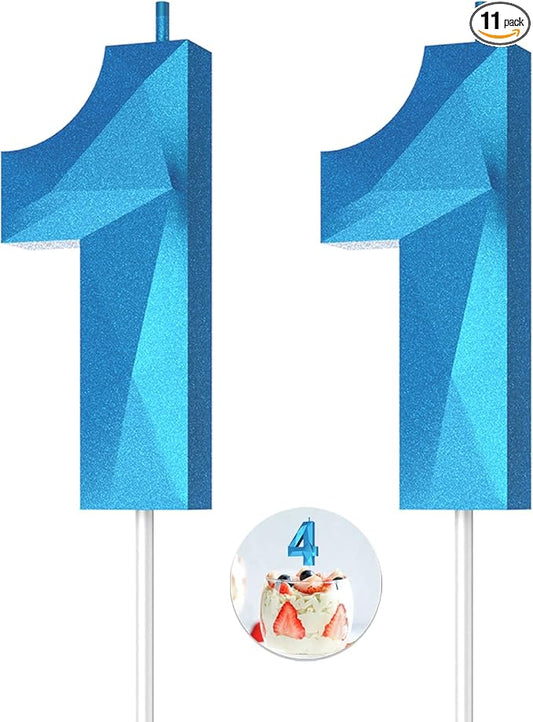 Number Birthday Candles(11 Candle Blue) 3D Diamond Shape Number Happy Birthday Cake Candles for Birthday Party Wedding Decoration Reunions Theme Party