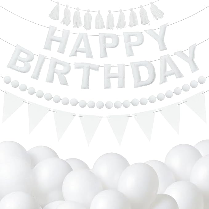 White Themed Birthday Decoration Set, White Pre-Strung 3D Felt Happy Birthday Banners, Pom-Pom Garland, Party Pennant Felt Banner Flags, Tassel Garland, Balloons, Reusable Party Decor,Photo Prop