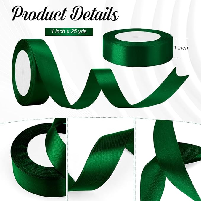 Green Ribbon for Gift Wrapping, 1 Inch 25 Yards Green Ribbon for Christmas Tree Hair Ribbon Dark Green Ribbon Vintage Green Ribbon Perfct for Green Bow Floral Arrangement Ribbon Candy Old Fashioned