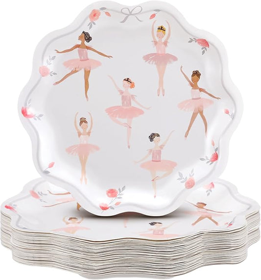Qinyoung 50 Pack Ballerina Party Paper Plates Ballet Tutu Dancer Disposable 10.5 inch Dinner Plates with Scalloped Trim for Ballet Wedding Baby Shower Birthday Party Decorations (Print,White)