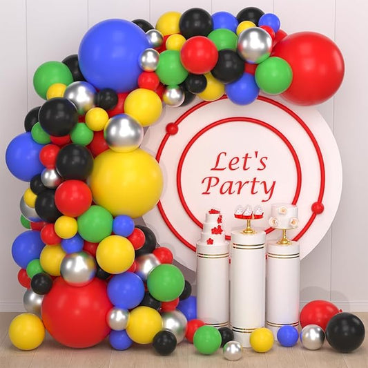 Red Yellow Blue Green Black Balloon Garland Arch Kit - Blue Black Silver Balloons Hero Balloon Video Game Balloons for Baby Shower Birthday Graduation Anniversary Party Decorations