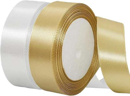 Gold Christmas Ribbon, Gold White Satin Ribbon 1 Inch 50 Yards Fabric Ribbons for Christmas Party Decorations, Gift Wrapping, Tree Ornaments, Bouquets, Door Wreaths, Bows Making and DIY Crafts