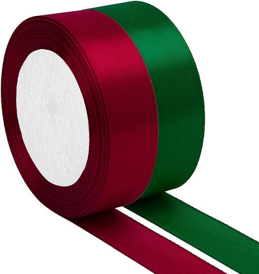 2pcs Christmas Ribbon - 1 Inch X 50 Yards Burgundy, Red & Green for Gift Wrapping & Wedding Party