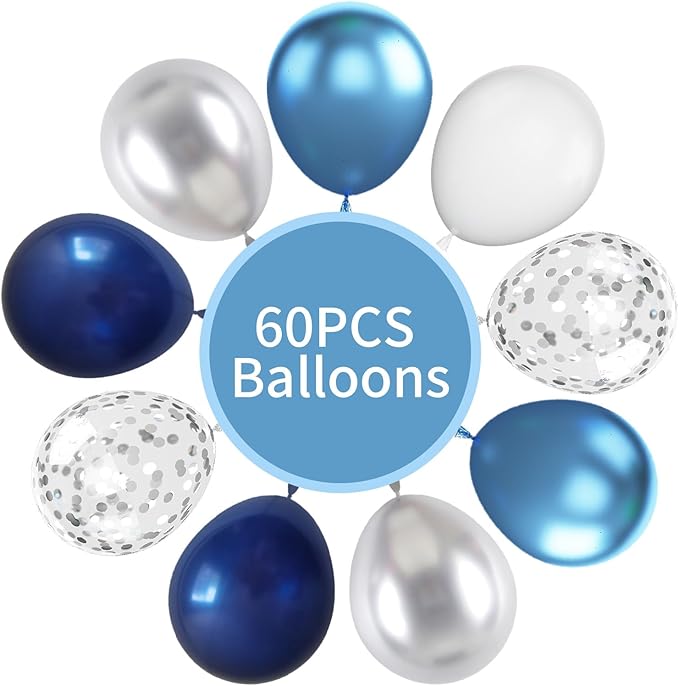 Navy Blue & Silver Balloons - 60pc Metallic & Latex Mix, 12" White Balloons with Silver Confetti for Birthday, Baby Shower, Graduation & Wedding Parties