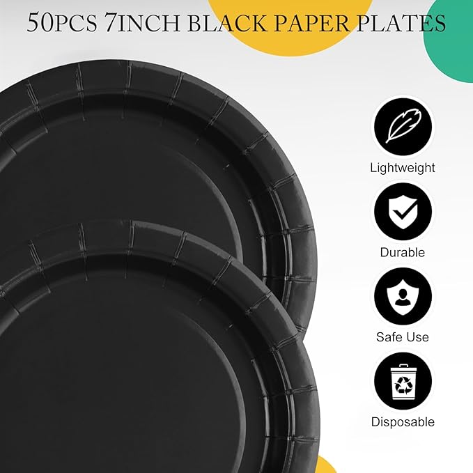 Black Paper Plates and Napkins Party Supplies-50 x 7''Dessert Plates & 50 x 5''Napkins & 50 x 7.3''Forks, Disposable Paper Tableware Set for Birthday, Retirement, Graduation, Father's Day