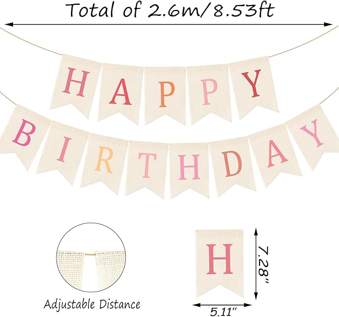 Doumeny Happy Birthday Burlap Banner Boho Birthday Garland Bunting Ombre Pink Bohemian Party Garland Banner Multicolor Happy Birthday Sign Flag Birthdays Hanging Bunting for Home Wall Mantel Fireplace