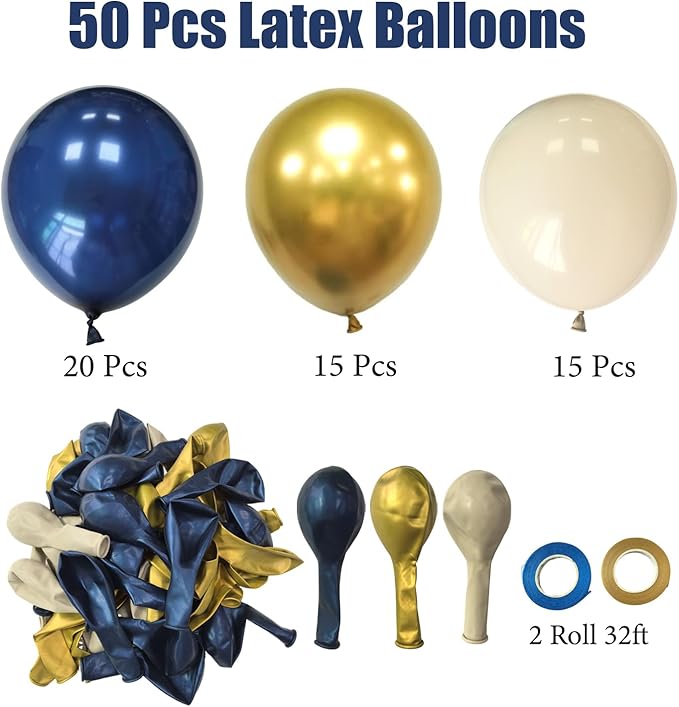 Navy Blue and Gold Party Balloons, 50 Pcs 12 Inches Navy Blue Gold White Latex Balloon for Birthday,Baby Shower, Graduation Decorations