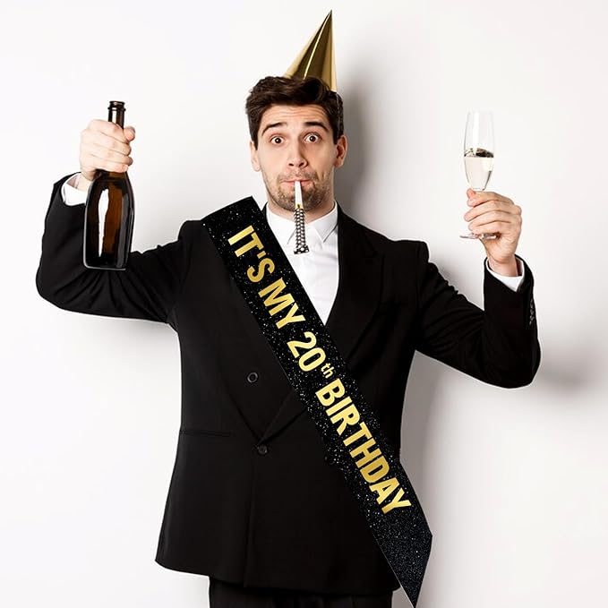 It's My 20th Birthday Sash for Men Women, Black Glitter Sash with Gold Foil