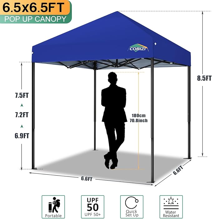 COBIZI 6.6x6.6ft Pop Up Canopy Tent, Heavy Duty Canopy Easy Set up All Weather Waterproof Outdoor Tent for Parties, Beach, Garden, with 1 Handbag, 3 Adjustable Heights, UPF50+, Dark Blue