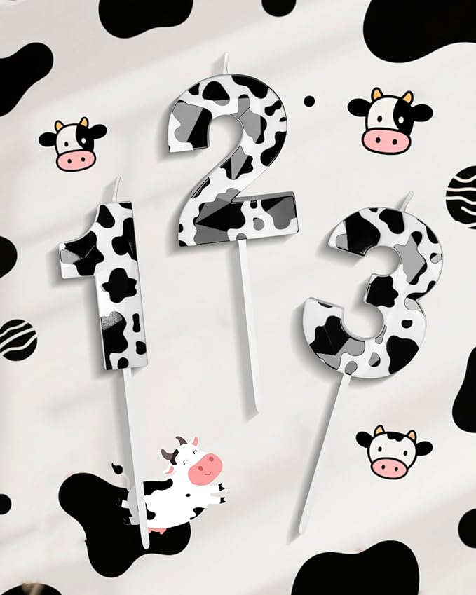 Number 3 Black Cow Birthday Candles，2.68 inch Metallic 3D Cow Birthday Candles, Cow Themed Cake Topper Decorations for Birthday Party Anniversary Celebration Supplies