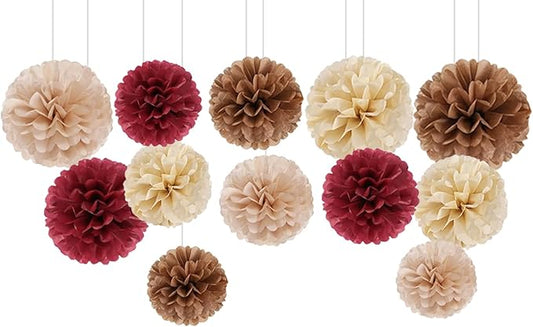 Capesaro Burgundy Beige 12PCS Paper Pom Poms Party Decorations for Engagement,Boho Wedding,Baby Shower
