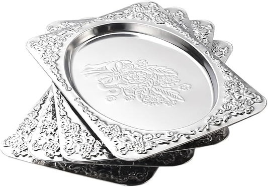 4-Pack Small Silver Serving Trays Set - ZENOVLUX Oval Vintage Engraved Mirror Decorative Tray, 11.4" x 7" Wedding Party Platters for BBQ, Food, Appetizer, Charcuterie, Cookies, Desserts