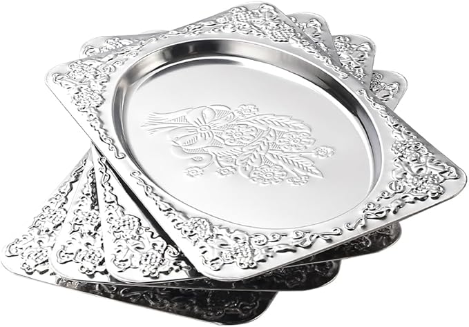 4-Pack Silver Serving Trays Set - ZENOVLUX Vintage Floral Engraved Mirror Decorative Tray, 13.8" x 8.7" Wedding Party Platters for BBQ, Food, Appetizer, Charcuterie, Cookies, Desserts