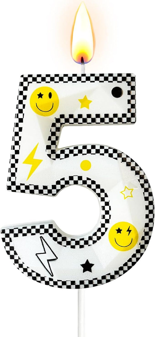 Number 5 Birthday Candle for Cake – 2.7 Inch Large Size Black White Checkered Smiley Design with Lightning & Star – five Happy Dude Theme Cake Topper Decoration