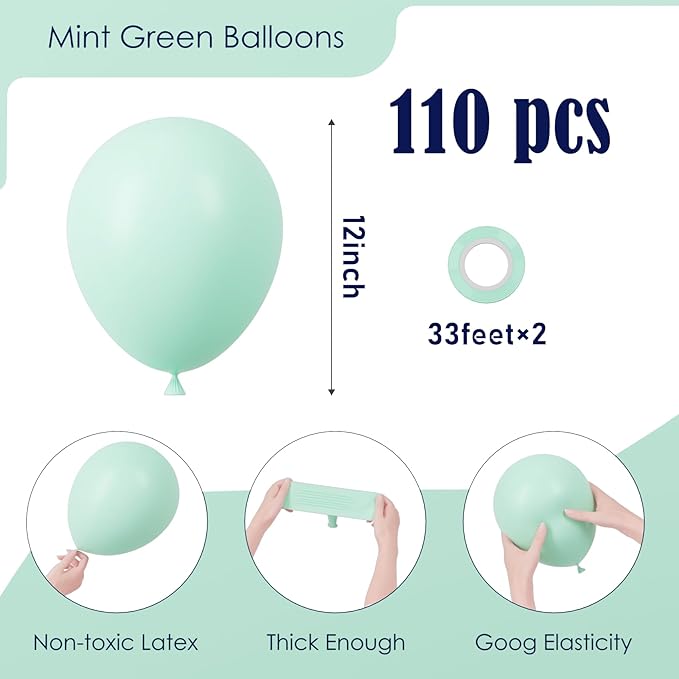 Voircoloria 110pcs Mint Green Balloons 12inch Pastel Green Latex Party Balloons for Baby Shower,Graduation, Wedding, Birthday, New Year, Anniversary Party Decorations