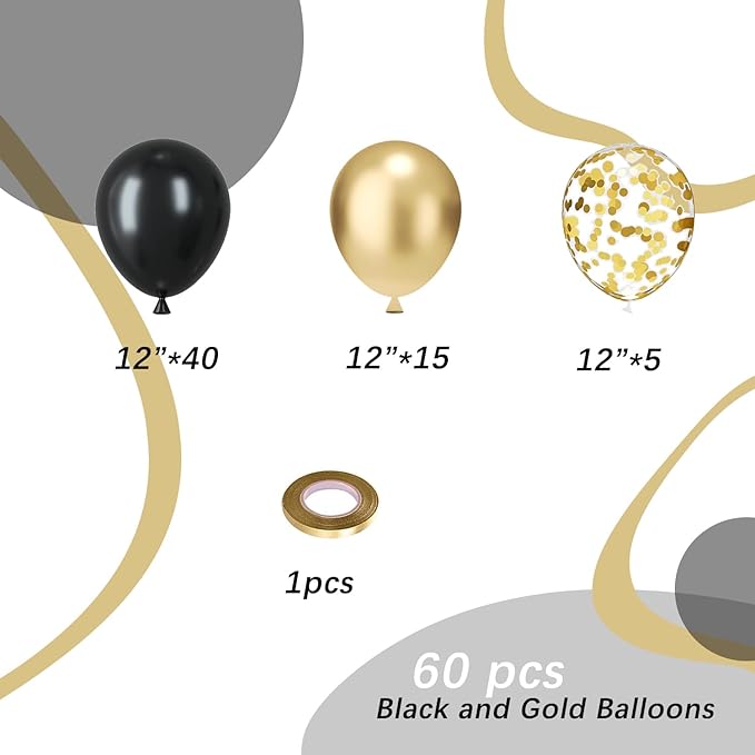 Black and gold Confetti Balloons, 60pcs 12 Inches Gold and Black Party Balloons with 1 Ribbon for Graduation Birthday Baby Shower Wedding Party Decorations