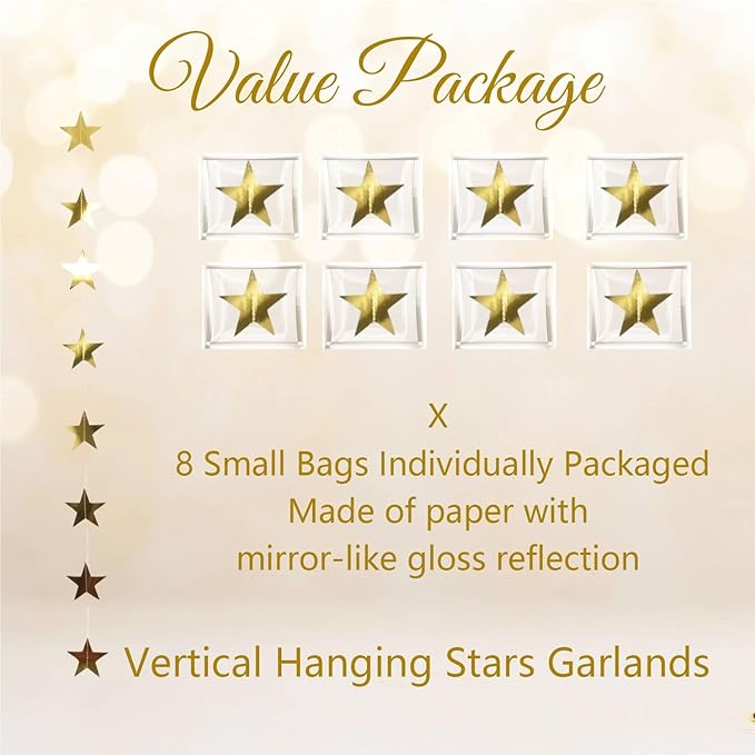 105Feet Gold Star Garland Party Banner for Graduation Decorations 2026 Class Grad Birthday Hanging- Golden Double Side Twinkle Paper Stars Streamers Backdrop for Wall Ceiling Decor, 8Pack