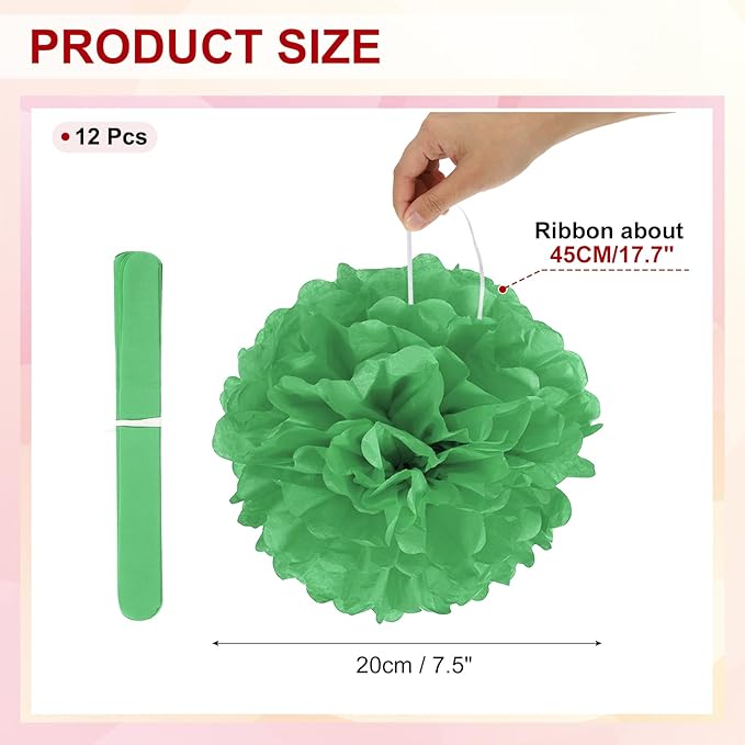 PATIKIL 8inch Tissue Paper Pom Poms, 12PCS Pom Poms Paper Flowers Ball Tissue Paper Flowers for Wedding Bridal Shower Birthday Bachelorette Party Backdrop Decoration, Green