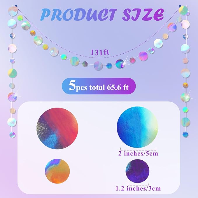 Outus 5 Pieces Laser Silver Round Dots Garland Graduation Party Hanging Decor Each Length 13.1ft Glitter Paper Dot Streamers for Birthday Wedding Classroom Supplies