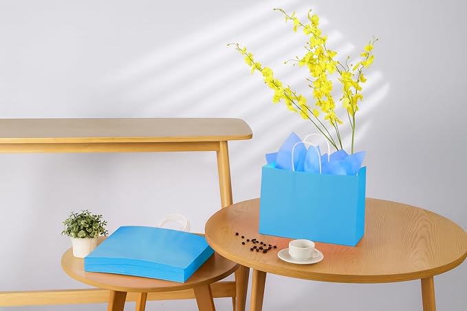 SUNCOLOR Blue Gift Bags with Handles, 13x10x5.5 Inch Large Party Favor Shopping Bags for Birthday Retail, 25 Pack