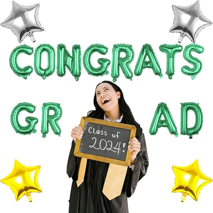 CONGRATS GRAD Green Balloon Gift Set - Perfect Graduation Gift - Complete 19-Piece Party Kit with 16” Letters + 18" Silver Gold Stars - Ready-to-Give Celebration Package 2026