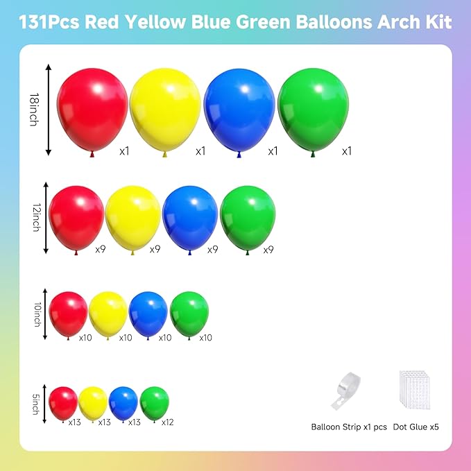 Red Yellow Blue Green Balloons Arch Kit, 131PCS Colorful Yellow Blue Red Green Balloons white Different Size for Video Game Party Rainbow Kid Birthday Party