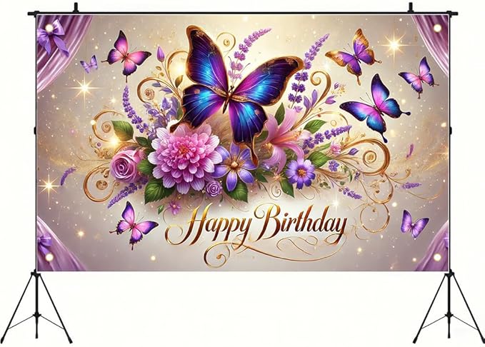 Happy Birthday Banner Colorful Butterfly and Floral Design Elegant Garden Style Wall Hanging for Birthday Party Celebration Home Decoration 70.87 x 43.31 Inch