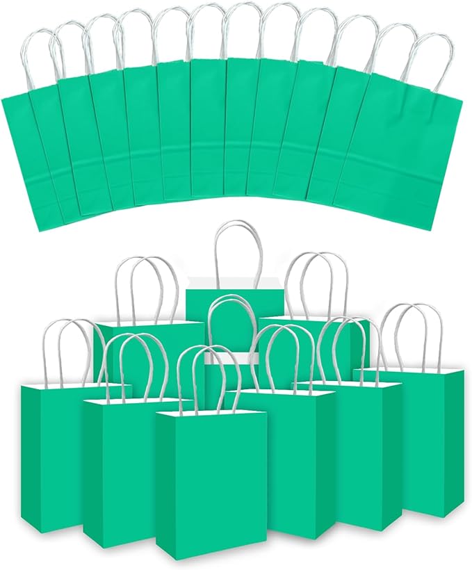 qiqee 24PCS Small Gift Bag with Handles Bulk 8.3"x6"x3" Gift Bags Lake Green Bags Multiple Uses (Small Size)