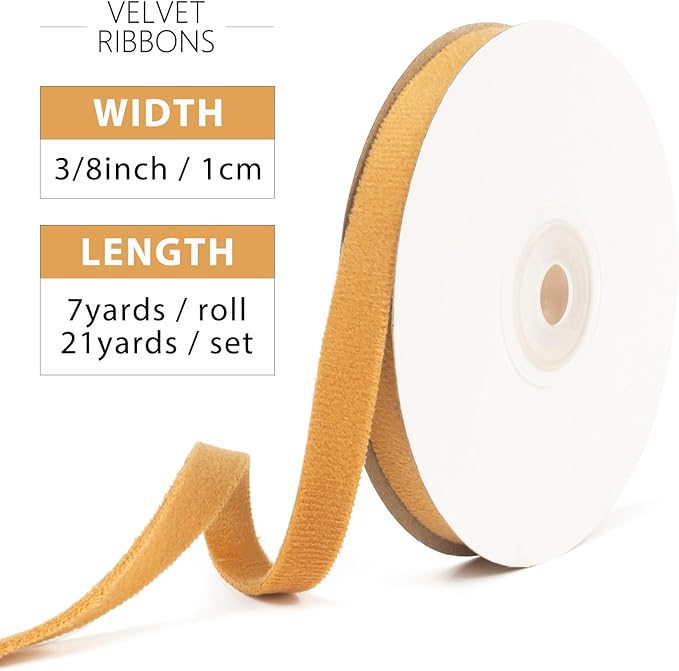 Khaki Velvet Ribbon 3/8 Inch x 21Yd Vintage Gold Thin Velvet Ribbon Double Faced Ribbons Set for Christmas Tree Ornaments Gift Wrapping Wedding Decoration Wreath & Hair Bows Making