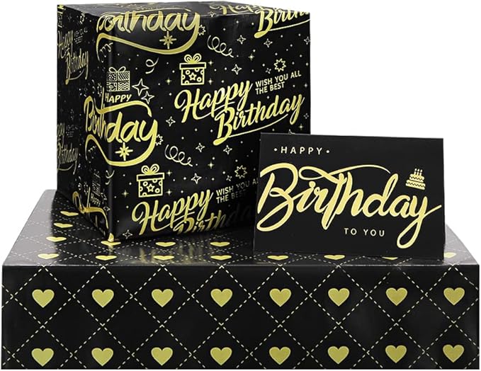 Happy Birthday Wrapping Paper for Man Women,6 Sheets Black Gold Birthday Love Heart Gift Wrapping Paper with 2 Greeting Cards for Girl Boy Wedding Graduation Christmas Gift Wrap Paper,28*20 Inch