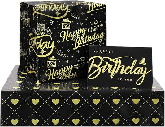 Happy Birthday Wrapping Paper for Man Women,6 Sheets Black Gold Birthday Love Heart Gift Wrapping Paper with 2 Greeting Cards for Girl Boy Wedding Graduation Christmas Gift Wrap Paper,28*20 Inch