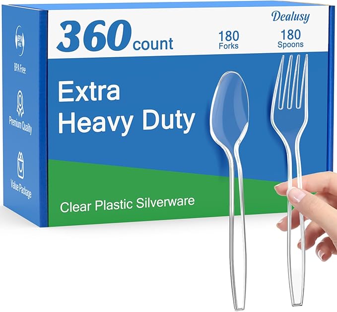 Dealusy 360 Count Extra Heavy Duty Clear Plastic Forks and Spoons, 180 Forks & 180 Spoons, Heat Resistant, Disposable Plastic Silverware Set
