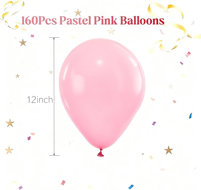160Pcs Pastel Pink 12 Inch Pink Latex Party Balloons for Wedding Bridal Shower Gender Reveal Birthday Party Decoration