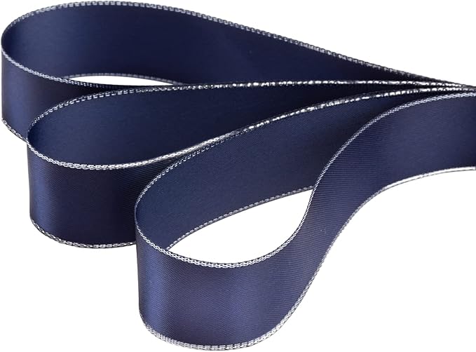 1" Double Face Satin Ribbon with Silver Edge 25 Yards (370-Navy), Perfect for Gift Wrapping, Party Decor, Wedding and Craft