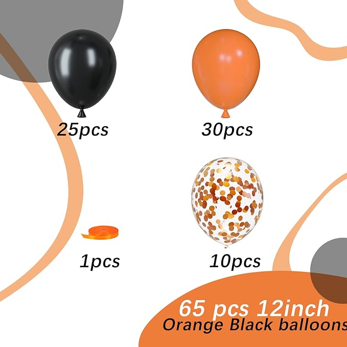 Orange Black Latex Balloons, 65pcs 12 Inches Black Orange Confetti Balloons with 1 Ribbon for Halloween, Birthday, Graduation Party Decorations