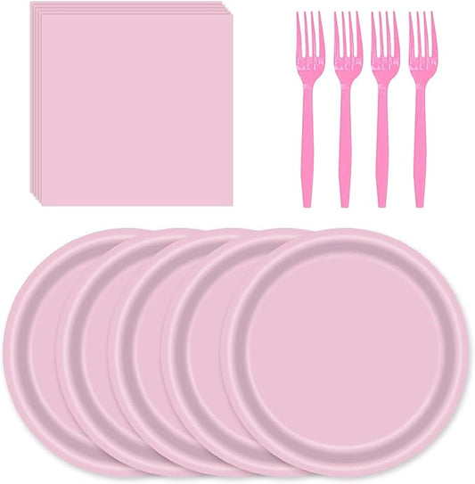 72 Pcs Pink Paper Plates 7in Disposable Dessert Plates Napkins and Forks Party Tableware Set Decoration Supplies for Birthday Baby Shower Wedding Holiday Bridal Shower Party, Serve 24