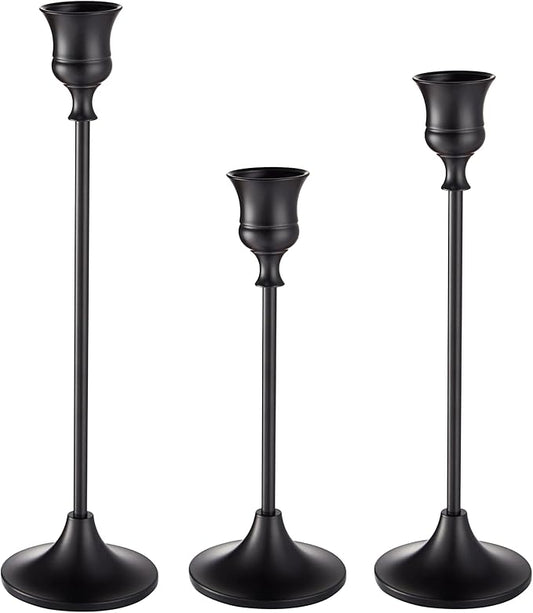 Willceka Black Candlestick Holders, Taper Candle Holders, Set of 3 Matte Black Candle Holder Set, Vintage Table Centerpiece for Wedding Christmas Holiday